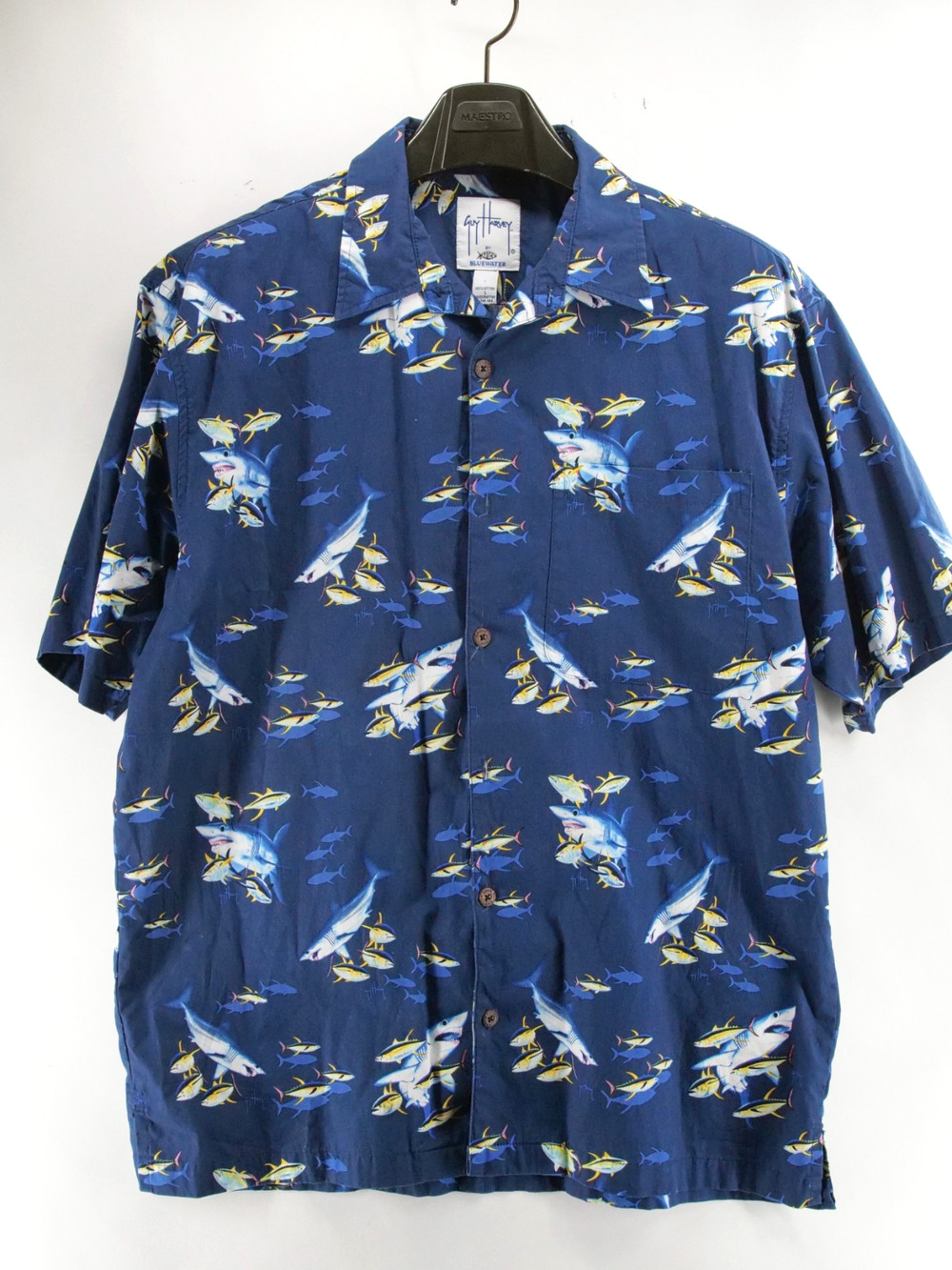 Guy Harvey Blue Water Shirt Mens L Shark Fish Button Up Short Sleeve Hawaiian